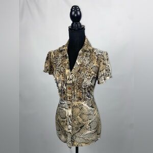Blouse Top Snakeskin Pattern Small Stretch Ruffle Short Sleeve